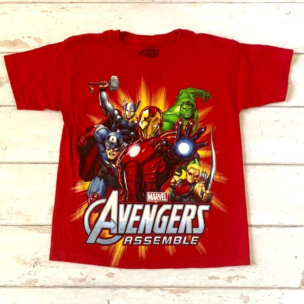 Boys Size 7 Marvel Avengers Shirt Red Short Sleeves Iron Man Hulk Kids Top